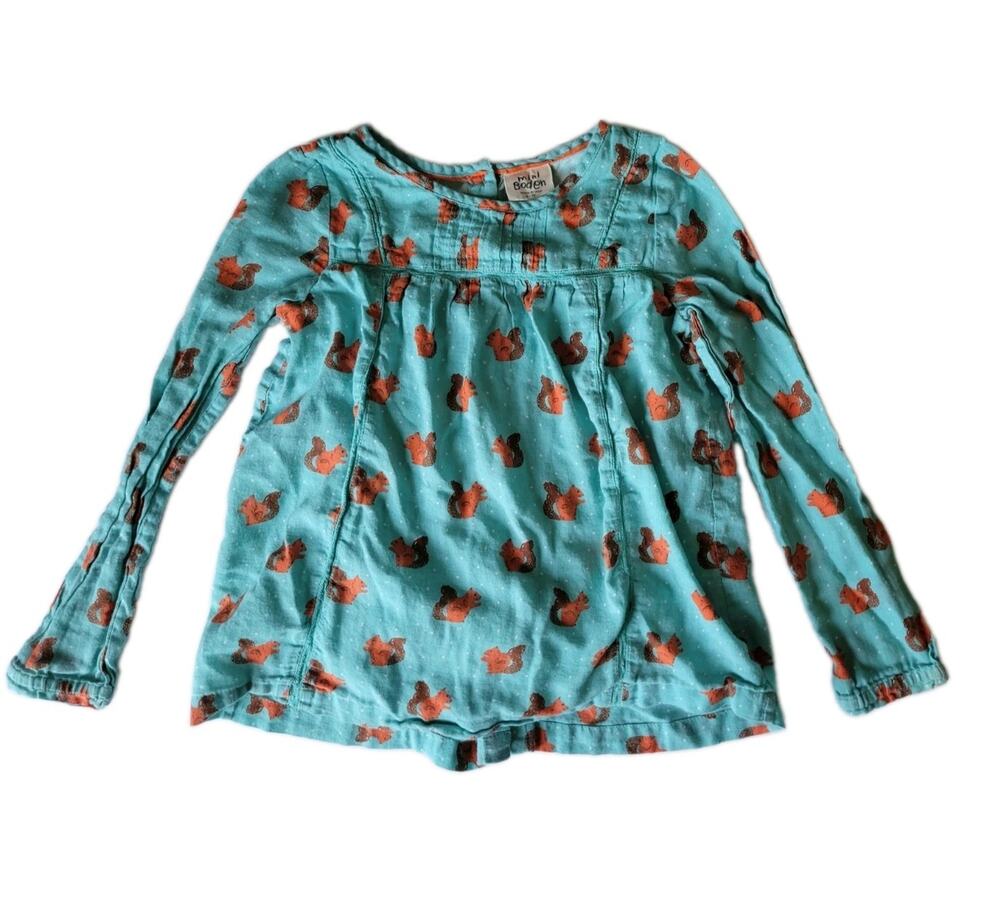 Mini Boden Girls 6-7Y Teal Squirrel Print Long Sleeve Tunic Top Woodland